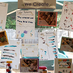 Preschool classroom project display board showcasing children’s artwork.